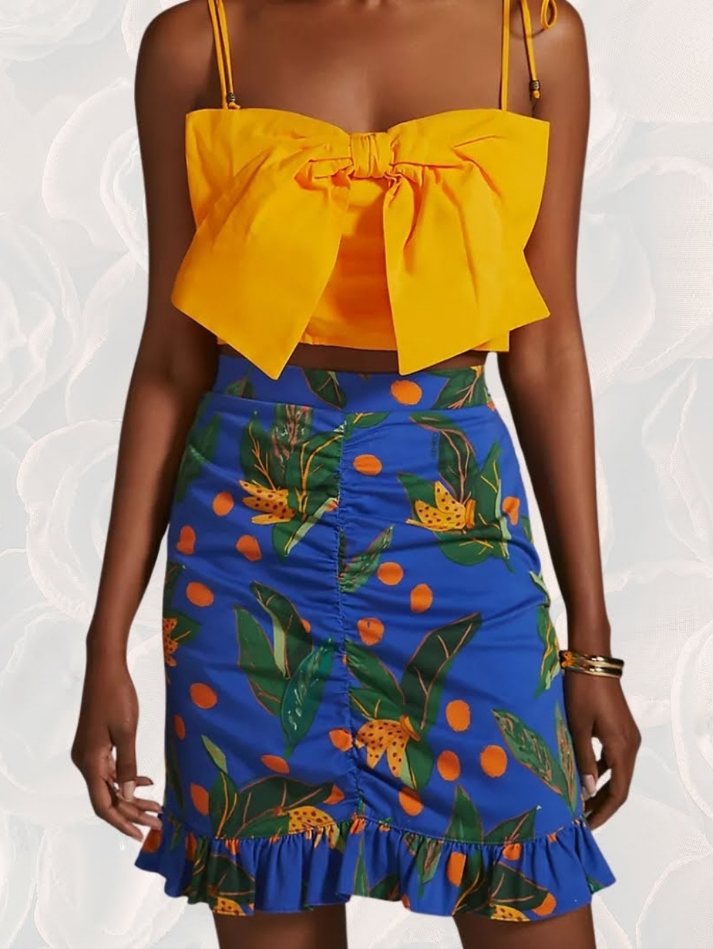 FARM Rio for Anthropologie Citrus Tropical Ruched Mini Skirt Blue Orange M - Picture 7 of 10